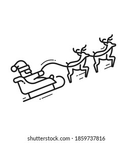 Santa Claus on sleigh riding with deers icon. Father frost and reindeers line illustration.