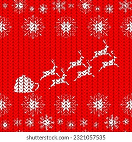 santa claus on sleigh and snowflakes knitted, seamless pattern, vector illustration