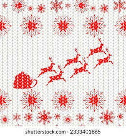 Santa Claus on a sleigh and snowflakes, knitted sweater, seamless pattern, vector illustration