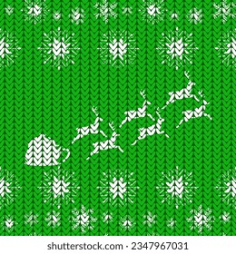 santa claus on sleigh and snowflakes knitted, seamless pattern, vector illustration