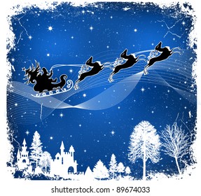 Santa Claus on sleigh with three deers in Christmas Night, vector christmas background.