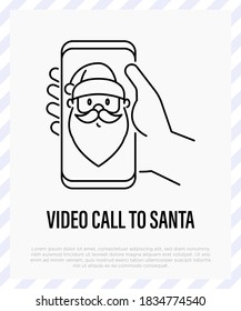 Santa Claus on smartphone in hand, social distancing. Video call with Santa. Protection from covid-19. Christmas in new normal. Thin line icon, vector illustration.
