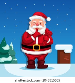Santa Claus on snow rooftop chimney want to deliver gift box to children on christmas illustration vector