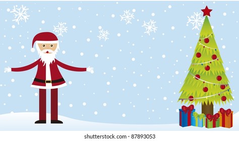 santa claus on snow, with tree and gift,card. vector