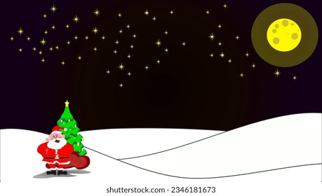 Santa Claus on the snow and under the moon light Christmas Background  for background or backdrop