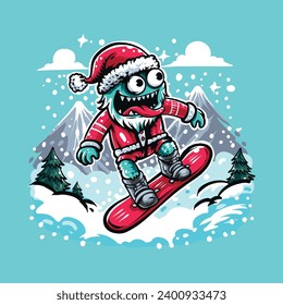 santa claus on snowboard. cute monster wearing a Santa Claus costume playing snowboarding in the snowy mountains. vector illustration