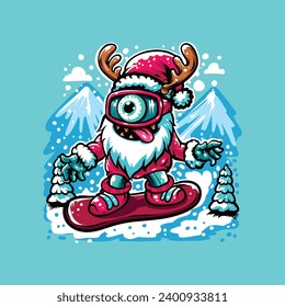 santa claus on snowboard. cute monster wearing a Santa Claus costume playing snowboarding in the snowy mountains. Vector illustration