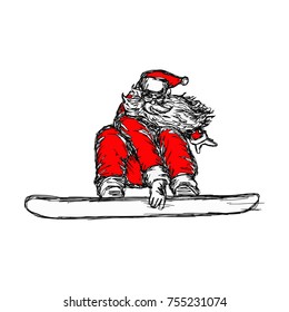 Santa Claus on snowboard vector illustration sketch hand drawn with black lines, isolated on white background