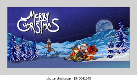  Santa Claus on the snowmobile. Merry Christmas  text. Christmas trees and night landscape with winter city.