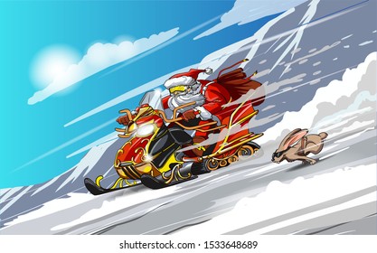 Santa Claus on a snowmobile and rabbit. Snow racing. Happy new year. Merry Christmas.