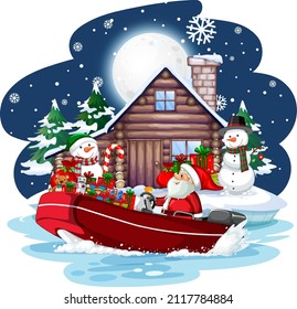 Santa Claus on a speedboat at snowy night illustration