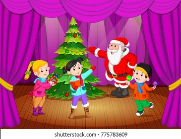 santa claus on the stage with kids singing