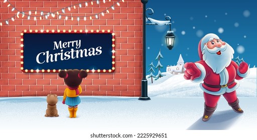 santa claus on the street with advertising sign lights little girl dog christmas