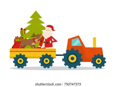 Santa Claus on strong model of modern transport on white background. Vector illustration of carrying green fir tree, red big bag with presents for children, nice reindeer and old man in trailer.