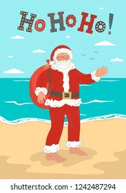 Santa Claus on the summer beach with handwriting lettering "Ho Ho Ho". Christmas vector illustration.