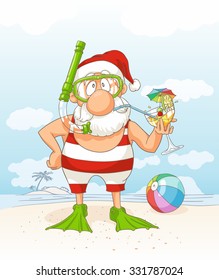 Santa Claus on Summer Holiday Vector Cartoon - Santa Claus on a beach holding a tropical cocktail
