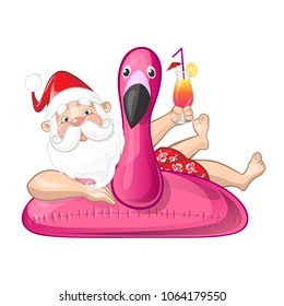 Santa Claus on summer vacation with flamingo inflatable swim ring