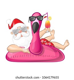 Santa Claus on summer vacation with flamingo inflatable swim ring - sunglasses