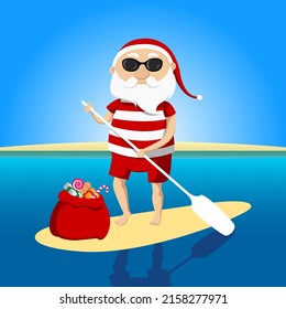 Santa Claus on SUP board. Vector illustration.