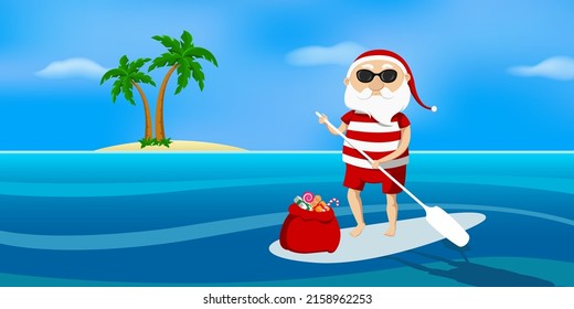 Santa Claus on SUP board. Vector illustration.