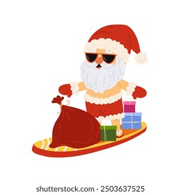 Santa Claus on a surfboard delivering presents. Summer Christmas. Christmas character in flat style. Santa Claus in sunglasses. Summer holiday surfing.