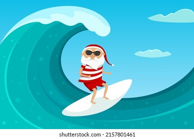 Weihnachtsmann auf Surfbrett. Vektorgrafik.