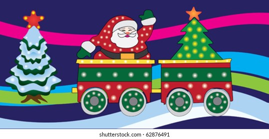 santa claus on train with christmas tree with flashlights