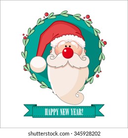 Santa Claus on a turquoise background wearing a crown. Vector illustration of New Year greeting card.
