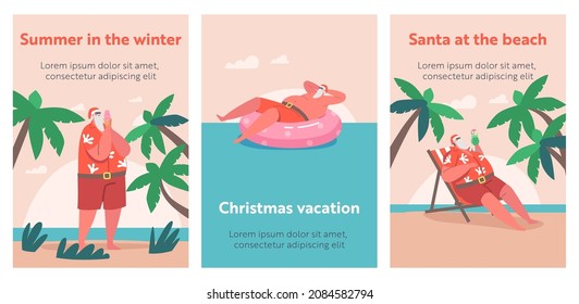 Santa Claus on Vacation Cartoon Posters. Christmas Character Traveling to Resort Surfing in Ocean, Relax with Ice Cream under Palm Tree, Tanning on Chaise Lounge and Swim on Ring. Vector Illustration