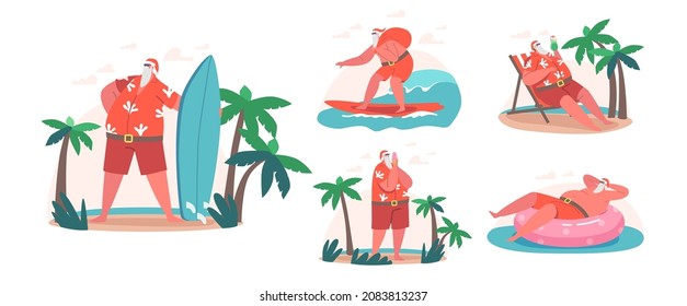 Santa Claus on Vacation. Christmas Character Traveling to Tropical Resort Surfing in Ocean, Relax with Ice Cream under Palm Tree, Tanning on Chaise Lounge and Swim on Ring. Cartoon Vector Illustration