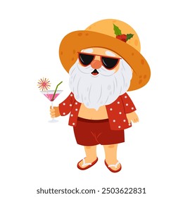 Santa Claus on vacation with a cocktail, wearing flip flops and a straw hat. Summer Christmas. Grandfather on holiday. Christmas party. Flat style illustration.