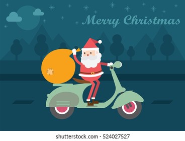 Santa Claus On Vespa Scooter. Christmas card background.