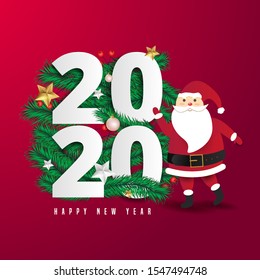Santa Claus with  on the walk to deliver christmas gifts at red background.2020 and happy new year text Lettering Vector illustration.