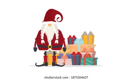 Santa claus on white background. Beautiful present box with overwhelming bow. Mountain gifts. Christmas gift box. Vector illustration for retro christmas card.