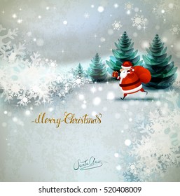 Santa Claus on the Winter landscape. Place for congratulation with Santa signature. Merry Christmas gold texture Lettering.