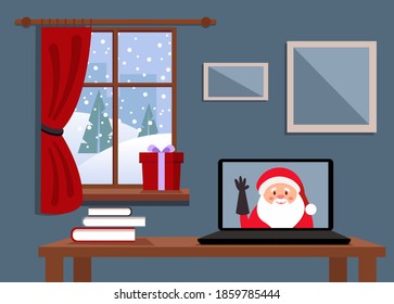 Santa Claus - online. Concept a safe meeting with Santa in COVID-19. Flat style interiors. Laptop with Santa, gift, books, window with winter landscape.