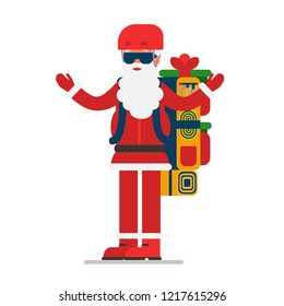 Santa Claus with open arms gives gifts from a huge backpack. Festive cartoon flat character for new year and Christmas. Vector illustration