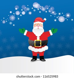 Santa Claus with open arms standing on snow over magical snowflakes