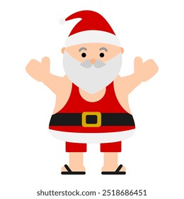 Santa Claus with open arms, wearing sleeveless shirt and slippers during summer Christmas season. Brazilian latin america warm weather celebration. Editable EPS vector flat icon.