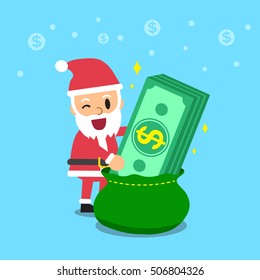 Santa claus open a bag that has big money stack