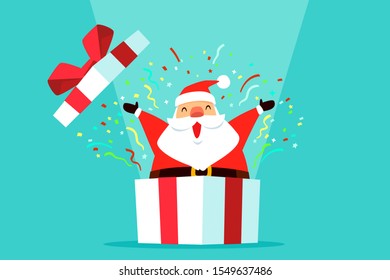 Santa claus open lid and come out of big white gift box with confetti. Christmas celebration.
