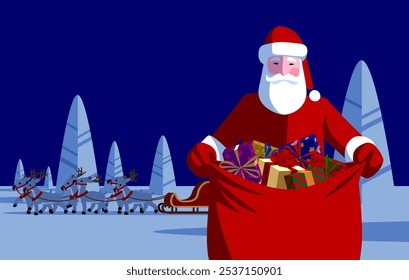 Papai Noel com um saco vermelho aberto com presentes contra uma paisagem de inverno azul com um trenó de rena. Natal e Ano Novo cartão de felicitações e billboard design 
em estilo plano. Ilustração de vetor