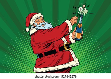 Santa Claus opens a bottle of champagne