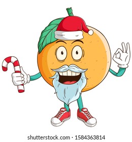 santa claus of orange fruit cartoon character, holding a candy with funny smile face