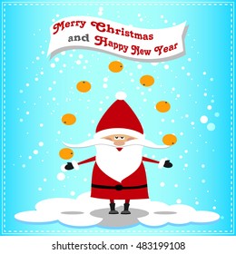Santa Claus with Oranges. Christmas Snowfall. Blue Background Merry Christmas Card