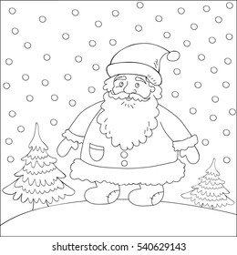 Santa Claus outdoors among the winter trees. Template for design Christmas cards, posters, packages, books, clothes and so on.