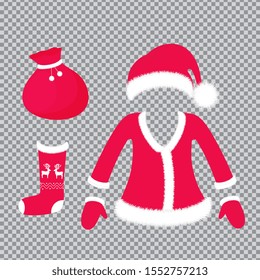 Santa Claus outfit and accessories - hat with fluffy pom pom, suit, mittens, sock with deer, bag with gifts. New Year and Christmas decoration isolated on transparent background
