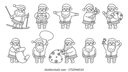 Santa Claus outline Christmas flat cartoon set. Linear collection funny character with gift, bag, skiing, toy, speech bubble or list. Different emotions santa and New Year objects. Vector illustration