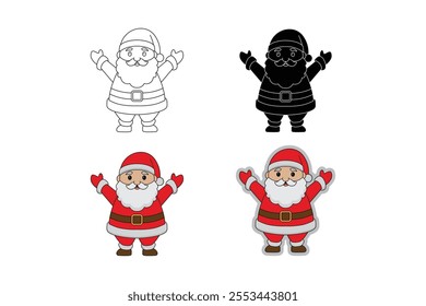 Santa Claus in outline,silhouette,cartoon and sticker.Vector style