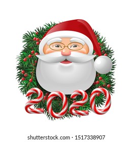Santa Claus over evergreen holiday wreath decorated with red berries and candy cane number of 2020. Funny face in eyeglasses. Vector isolated illustration